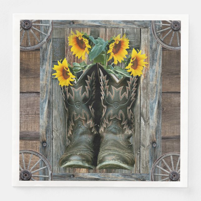 Cowboy Boots Sunflowers Rustic Barn Board Paper Dinner Napkins (Front)