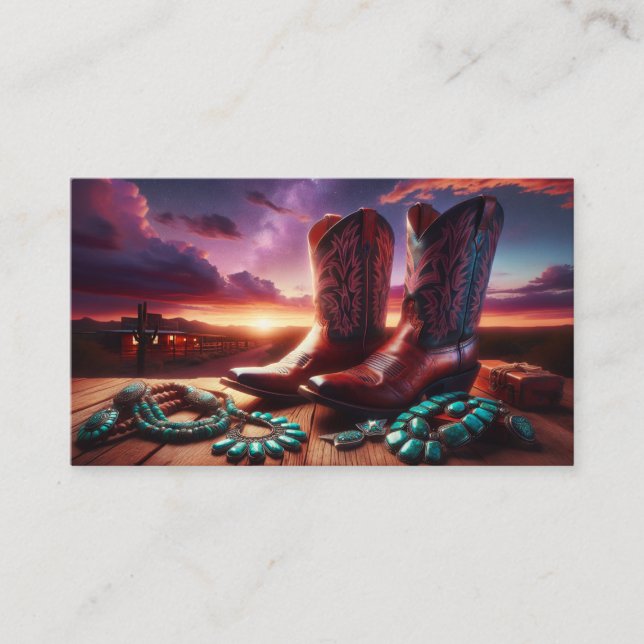 Cowboy Boots, Turquoise Jewelry in Desert (Black) Business Card (Front)
