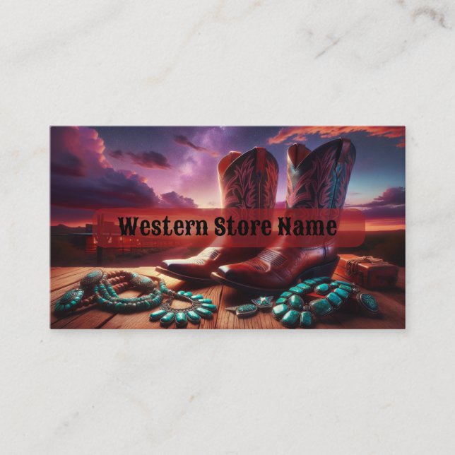 Cowboy Boots, Turquoise Jewelry in Desert (Brown) Business Card (Front)