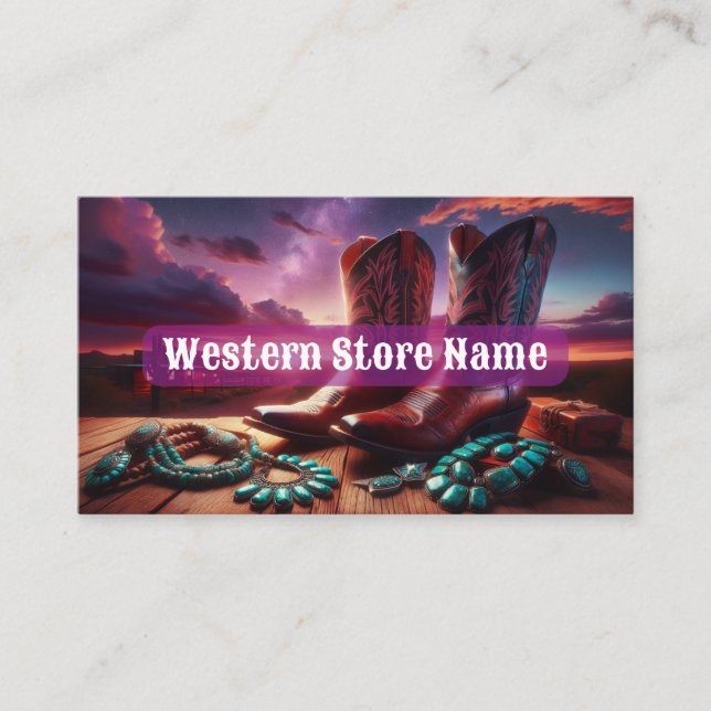 Cowboy Boots, Turquoise Jewelry in Desert (Purple) Business Card (Front)