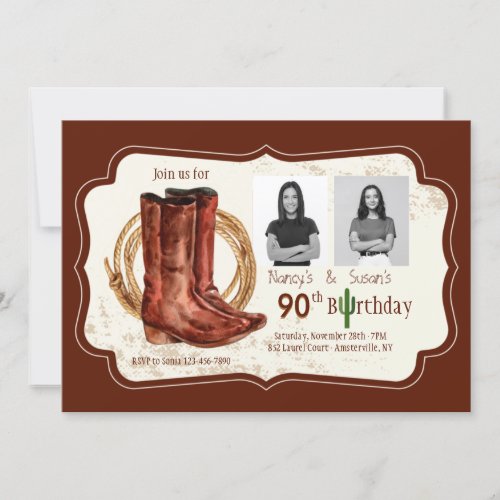 Cowboy Boots Two Photo Birthday Party Invitation