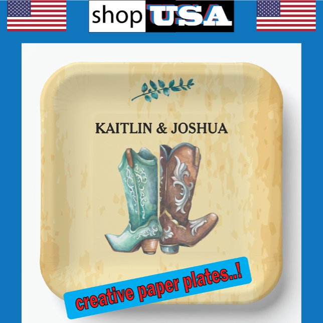 Cowboy Boots Wedding 🤠 Rustic Western Monogram Paper Plates (Creator Uploaded)
