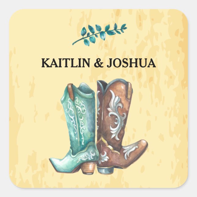 Cowboy Boots Wedding 🤠 Rustic Western Monogram Square Sticker (Front)