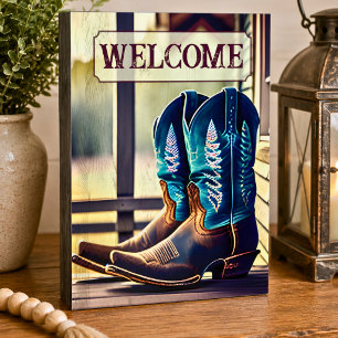Cowboy Boots Welcome Wooden Box Sign