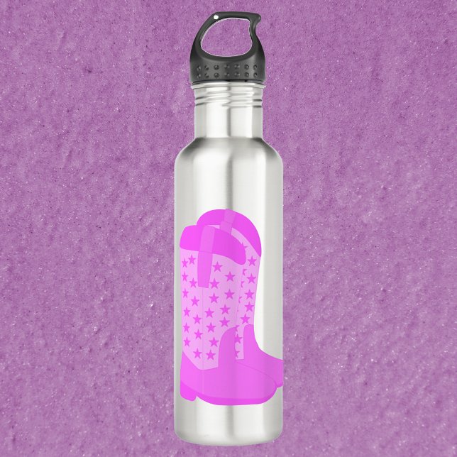Cowboy Boots with Stars Pink Stainless Steel Water Bottle (A water bottle with a pair of pink cowboy boots.)