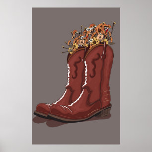 Cowboy Boots With Wildflowers Poster