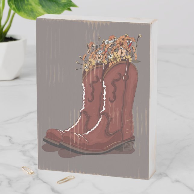 Cowboy Boots With Wildflowers Wooden Box Sign (In Situ Vertical)