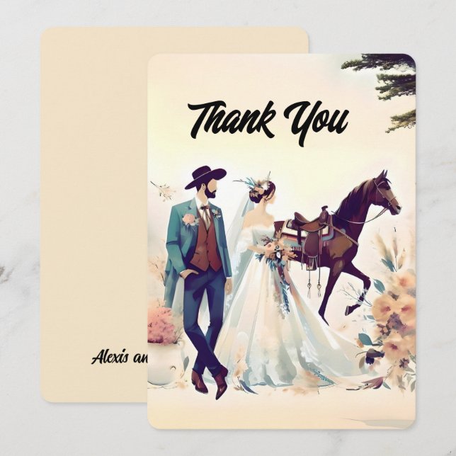 Cowboy, Bride & Horse Thank You Wedding Card (Front/Back)