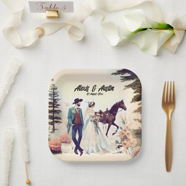 Cowboy, Bride & Horse Wedding Paper Plates (Wedding)