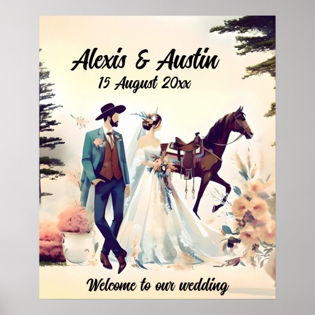 Cowboy, Bride & Horse Wedding Poster (Front)