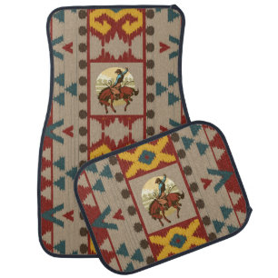 Cowboy Bronco Busting Horse Riding Aztec Tribal 3 Car Floor Mat