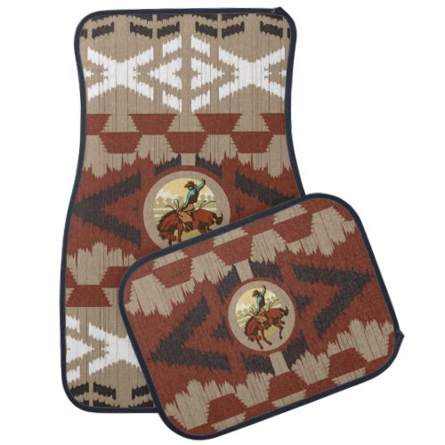 Cowboy Bronco Busting Horse Riding Aztec Tribal  Car Floor Mat