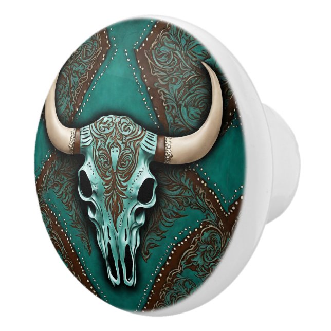 Cowboy Brown Turquoise Western Country Bull SKull Ceramic Knob (Right)
