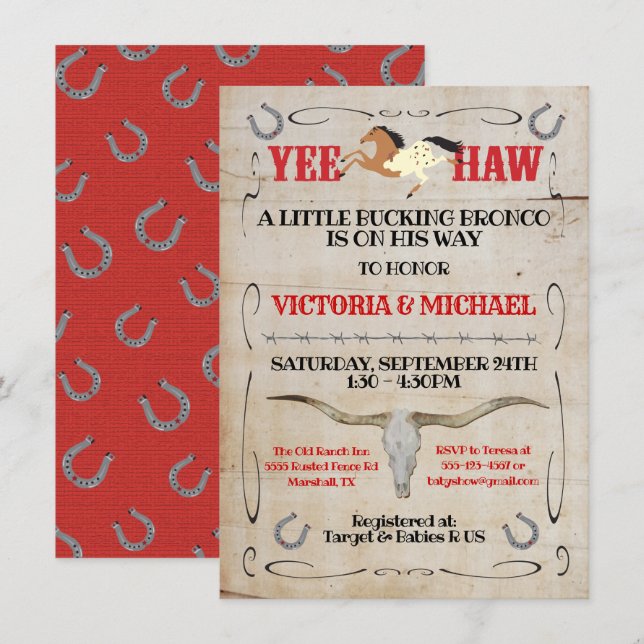Cowboy Bucking Bronco Couples Baby Shower Invitation (Front/Back)