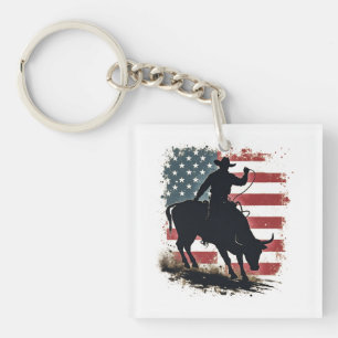 Cowboy Bull Rider Patriotic American Flag Cowboys Keychain