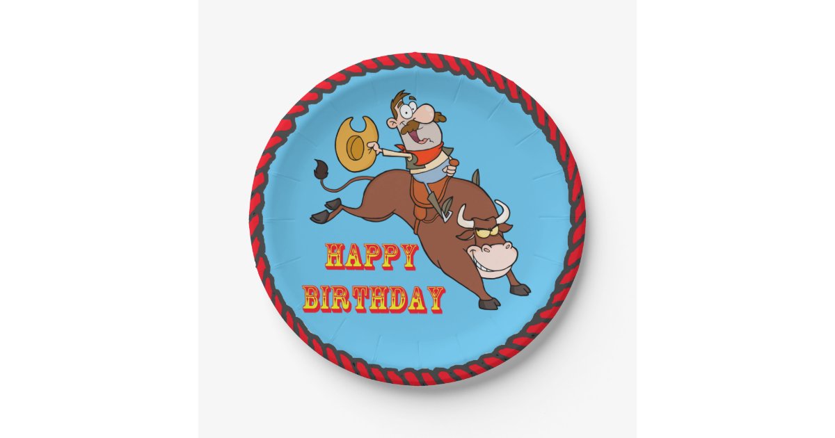 Cowboy Bull Riding Happy Birthday Paper Plates | Zazzle