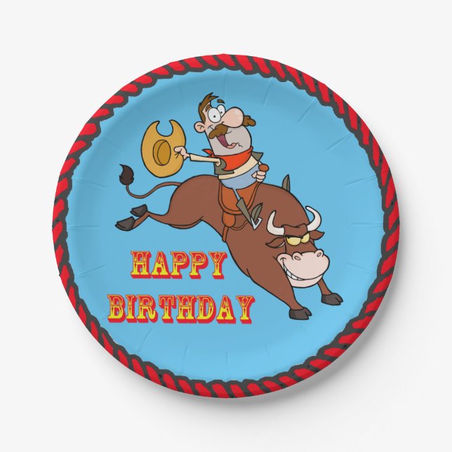 Cowboy Bull Riding Happy Birthday Paper Plates (Front)