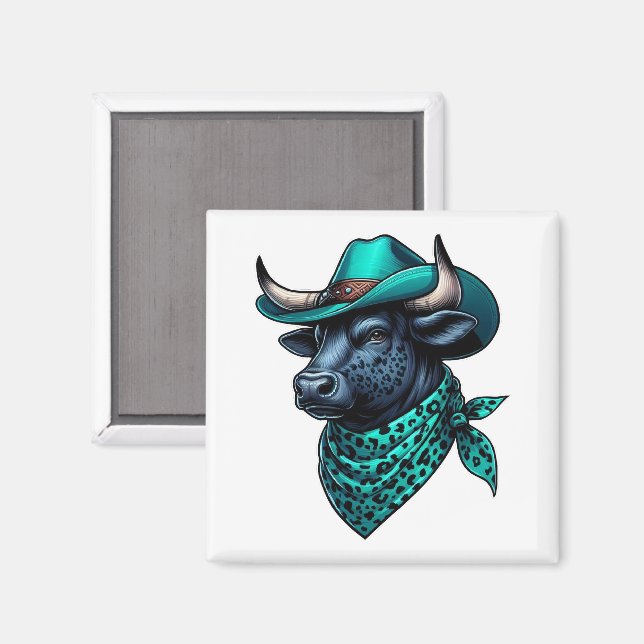 Cowboy Bull With Turquoise Hat and Patterned Scarf Magnet (Front/Back)