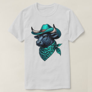 Cowboy Bull With Turquoise Hat and Patterned Scarf T-Shirt