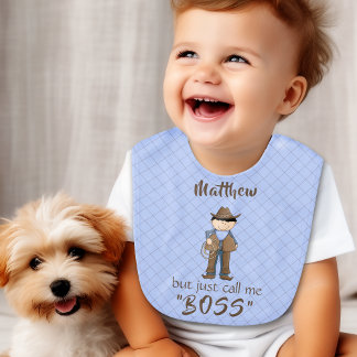 Cowboy Call Me Boss Blue Brown Personalized Baby Bib