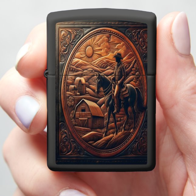 Cowboy Carving Under Sun Zippo Lighter (In Hand)