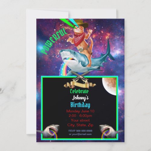 Cowboy cat and Shark Galatic Funny Invitation