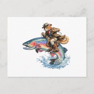 Cowboy Cat Riding Rainbow Trout Rodeo Postcard