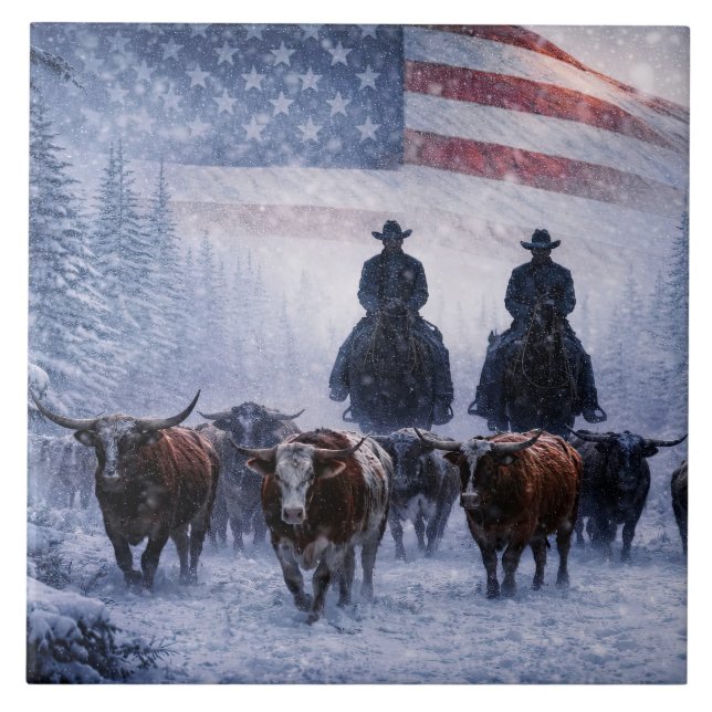 Cowboy Cattle Drive Winter Artwork Ceramic Tile (Front)
