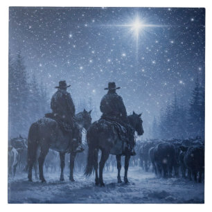 Cowboy Cattle Drive Winter Artwork Ceramic Tile