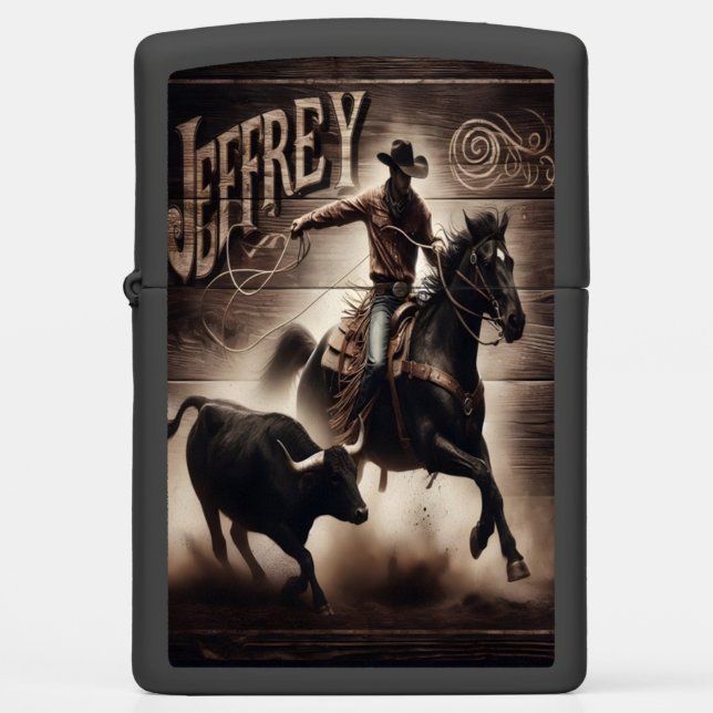 Cowboy Chases Bull.  Zippo Lighter (Front)