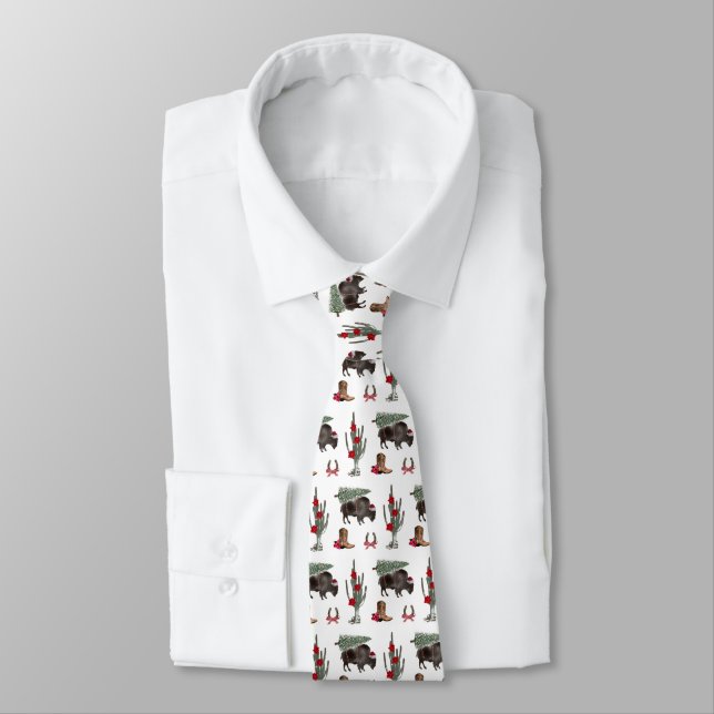 Cowboy Christmas Bison Western Buffalo Pattern Neck Tie (Tied)