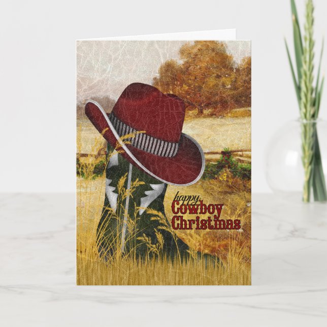 Cowboy Christmas Country Western Boot and Hat Holiday Card (Front)