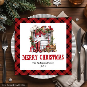 Cowboy Christmas napkins red black tartan design