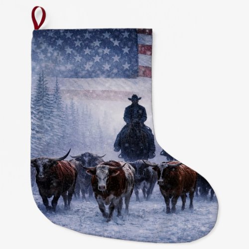 Cowboy Christmas Spirit with Cattle Large Christmas Stocking