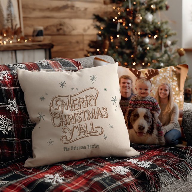 Cowboy Christmas Western Merry Christmas Photo Throw Pillow (Creator Uploaded)