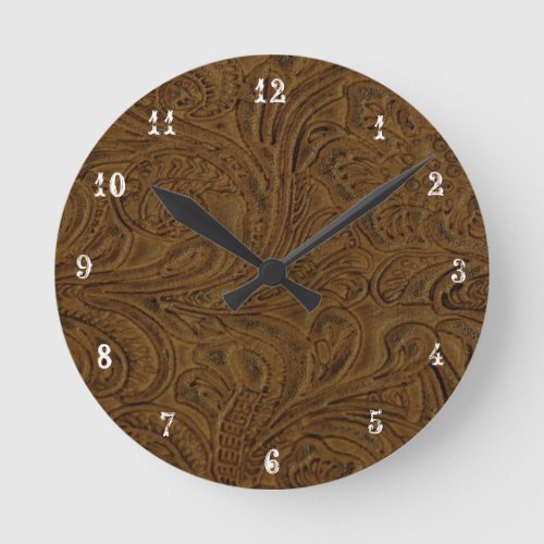 Cowboy Country Brown Tooled Leather Look Clock