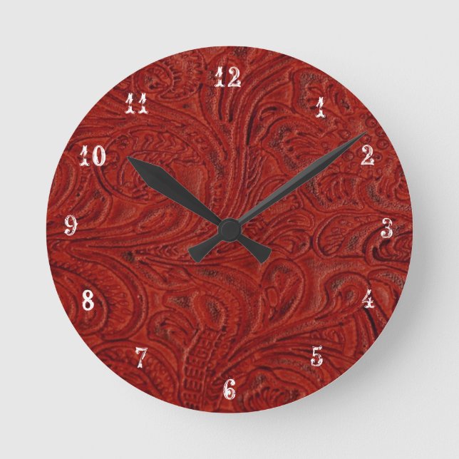 Cowboy Country Red Tooled Leather Look Clock (Front)
