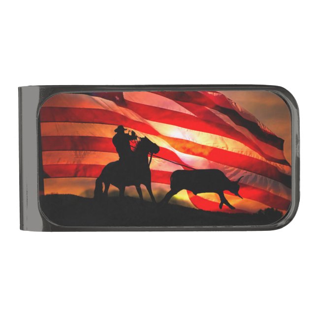 Cowboy Country Western Patriotic Gunmetal Finish Money Clip (Front)