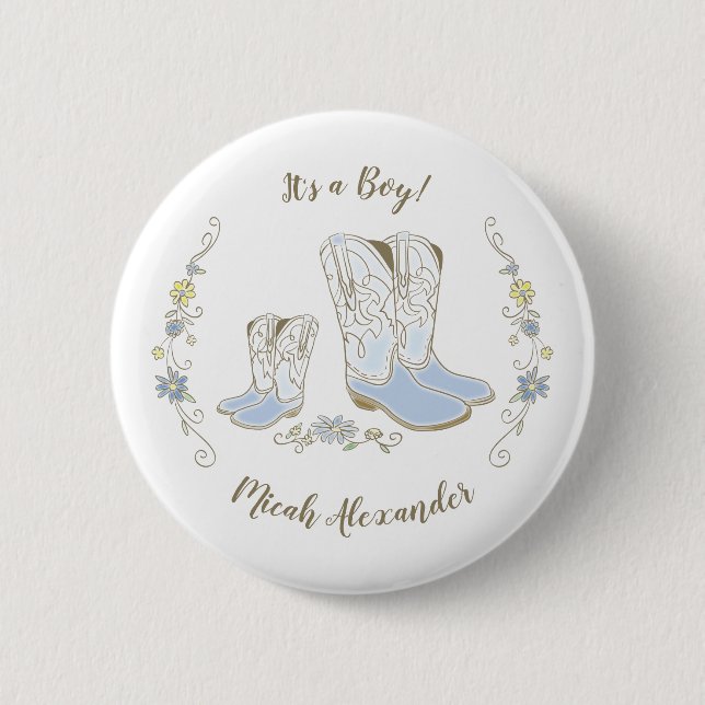 Cowboy Country Western Theme Blue Baby Shower Button (Front)