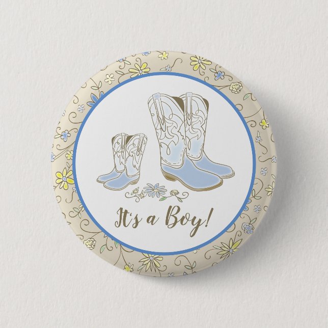 Cowboy Country Western Theme Blue Baby Shower Button (Front)