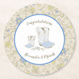 Cowboy Country Western Theme Blue Baby Shower Round Paper Coaster