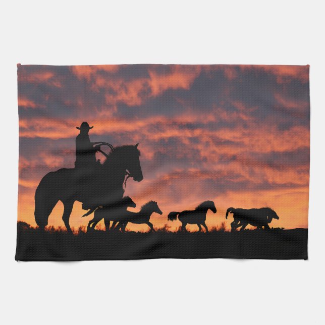Cowboy Country Western Wild Horses Kitchen Towel (Horizontal)