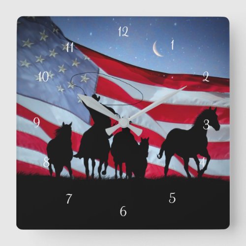 Cowboy Country Western Wild Horses Square Wall Clock