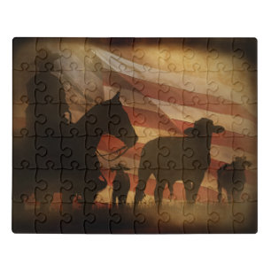 Cowboy Country with Flag Horse and Cattle Jigsaw Puzzle