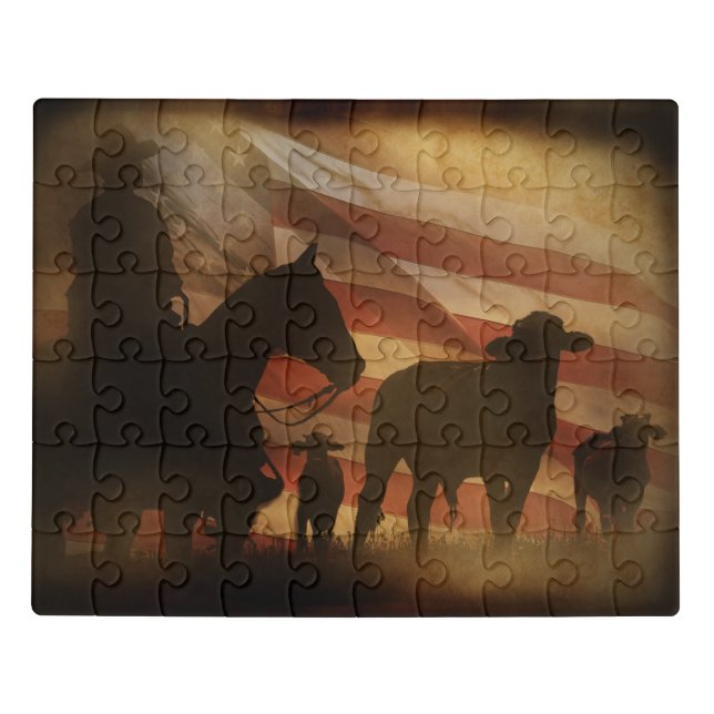 Cowboy Country with Flag Horse and Cattle Jigsaw Puzzle (Puzzle Horizontal)