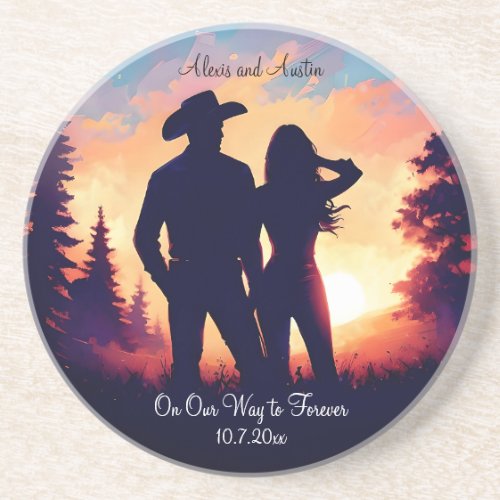 Cowboy Couple Forever Anniversary Coaster