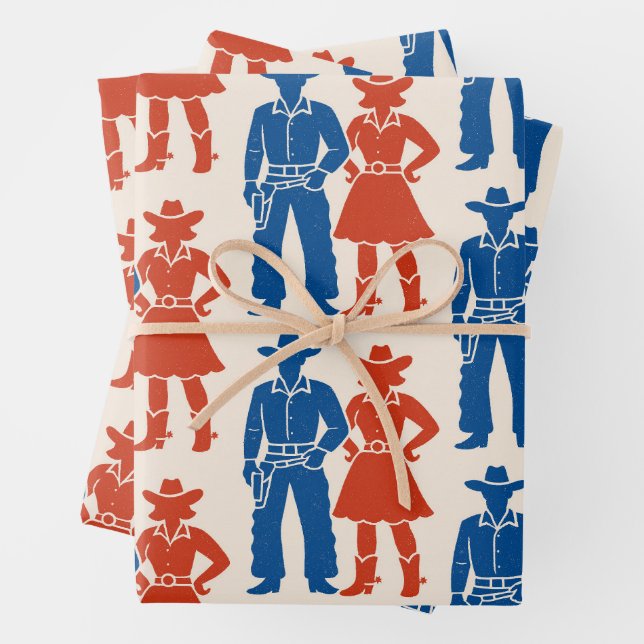 Cowboy & Cowgirl Americana Wrapping Paper Sheets (In situ)