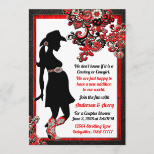 Cowboy Cowgirl Black Leather Red White Couples Invitation