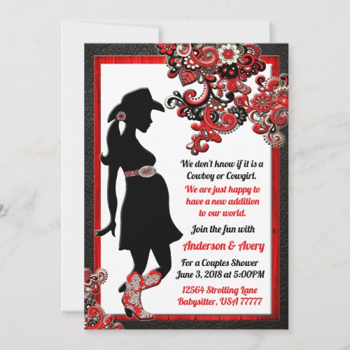 Cowboy Cowgirl Black Leather Red White Couples Invitation