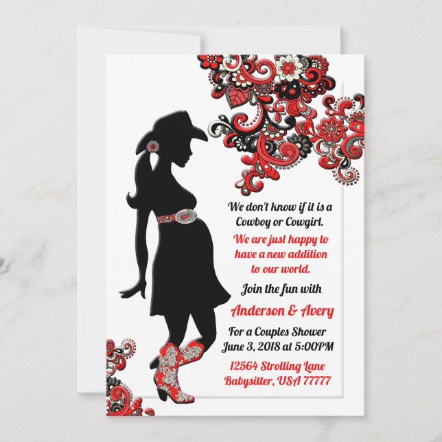 Cowboy Cowgirl Black Red White Couples Baby Shower Invitation (Front)